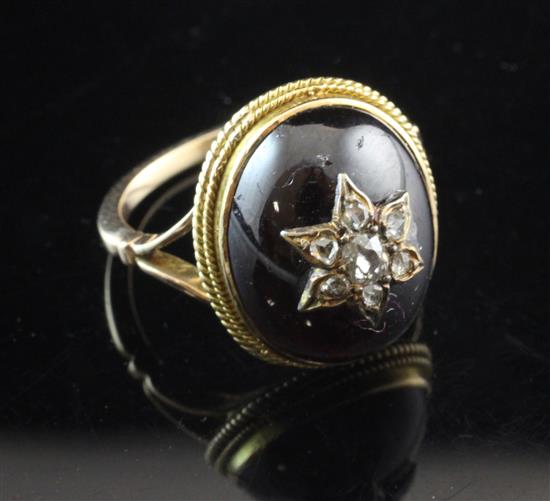 Victorian 15ct gold, oval cabochon garnet and diamond ring, size L.